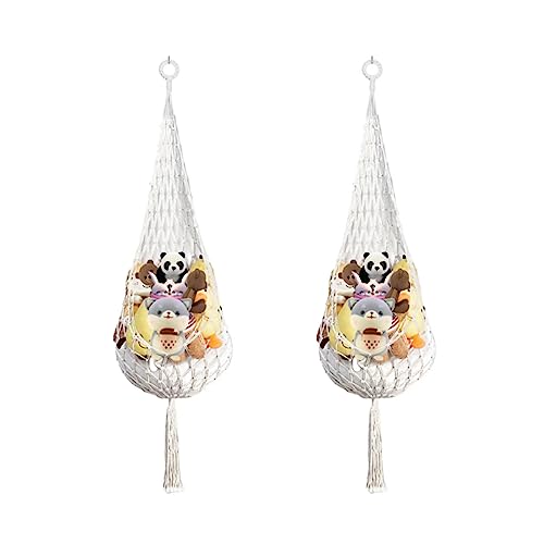 2PC Stuffed Animal Net or Hammock Macrame Toy Diaplay Plush Holder Ceiling Hanging Stuffed Animal Holder with Swag Hook, Corner Toy Storage Organizer for Kids Bedroom Playroom (Cream)