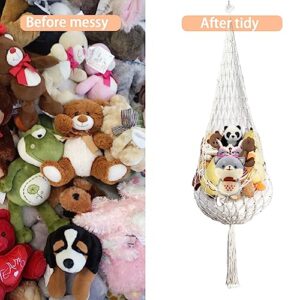 2PC Stuffed Animal Net or Hammock Macrame Toy Diaplay Plush Holder Ceiling Hanging Stuffed Animal Holder with Swag Hook, Corner Toy Storage Organizer for Kids Bedroom Playroom (Cream)