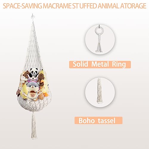 2PC Stuffed Animal Net or Hammock Macrame Toy Diaplay Plush Holder Ceiling Hanging Stuffed Animal Holder with Swag Hook, Corner Toy Storage Organizer for Kids Bedroom Playroom (Cream)