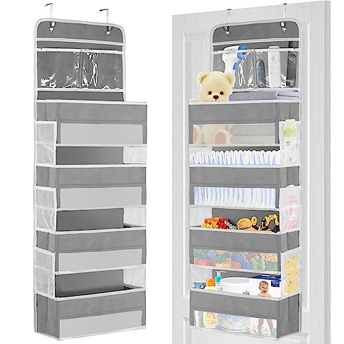 Pro Goleem Over the Door Hanging Organizer, High Capacity Baby Storage with 4 Large Pockets 6 Mesh Side Pockets and 2 PVC Pockets, for Cosmetics, Toys, Baby Stuff, Sundries, Grey, 1 Pack