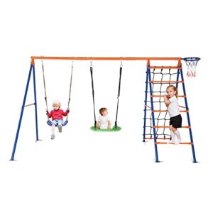 ktaxon 5in1 swing set for backyard, 550lbs heavy-duty swings set w/saucer and belt swing seat, climbing net & ladder, basketball hoop, playground swing sets with a-frame stand