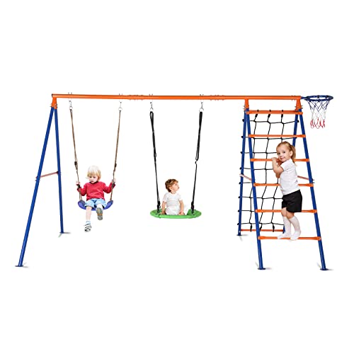 Ktaxon 5in1 Swing Set for Backyard, 550lbs Heavy-Duty Swings Set W/Saucer and Belt Swing Seat, Climbing Net & Ladder, Basketball Hoop, Playground Swing Sets with A-Frame Stand