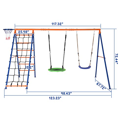 Ktaxon 5in1 Swing Set for Backyard, 550lbs Heavy-Duty Swings Set W/Saucer and Belt Swing Seat, Climbing Net & Ladder, Basketball Hoop, Playground Swing Sets with A-Frame Stand