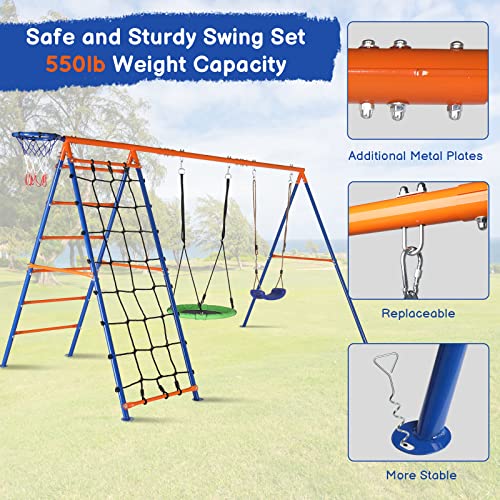 Ktaxon 5in1 Swing Set for Backyard, 550lbs Heavy-Duty Swings Set W/Saucer and Belt Swing Seat, Climbing Net & Ladder, Basketball Hoop, Playground Swing Sets with A-Frame Stand