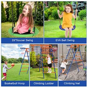 Ktaxon 5in1 Swing Set for Backyard, 550lbs Heavy-Duty Swings Set W/Saucer and Belt Swing Seat, Climbing Net & Ladder, Basketball Hoop, Playground Swing Sets with A-Frame Stand