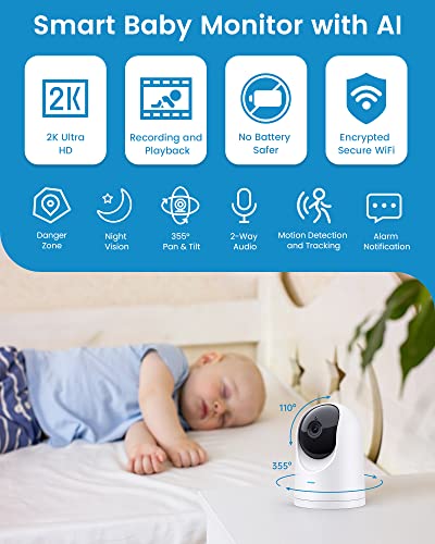 Baby Monitor - 2K Ultra HD Video Baby Monitor with Camera and Audio - Baby Camera Monitor WiFi Smartphone with Night Vision, Video Recording, App Control, Motion Detection/Tracking, 2-Way Audio