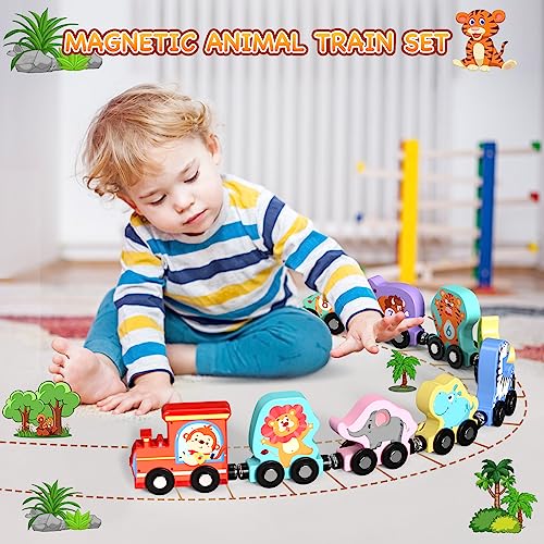 Zeoddler Toys for Toddlers, 11 PCS Magnetic Wooden Animals Train Set, Montessori Toys for Toddlers, Preschool Learning Activities for Kids, Birthday Gifts for Boys, Girls