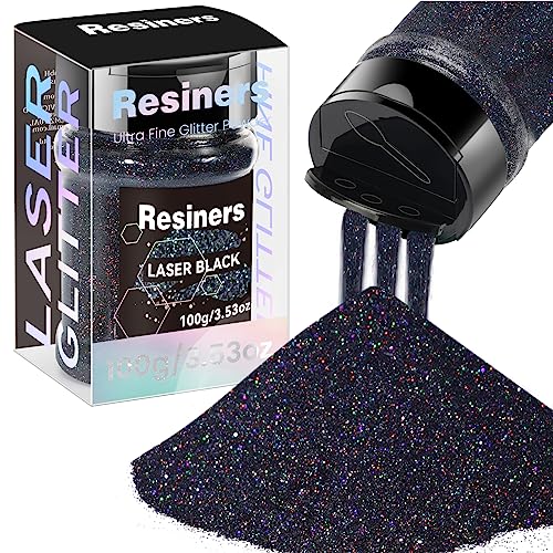 Resiners Holographic Ultra Fine Glitter Powder - 3.53oz/100g, 1/128" Metallic Epoxy Resin Glitter Sequins Flakes for Tumblers,Slime, Nails, Paint, Art Crafts - Laser Black