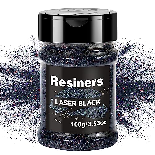 Resiners Holographic Ultra Fine Glitter Powder - 3.53oz/100g, 1/128" Metallic Epoxy Resin Glitter Sequins Flakes for Tumblers,Slime, Nails, Paint, Art Crafts - Laser Black