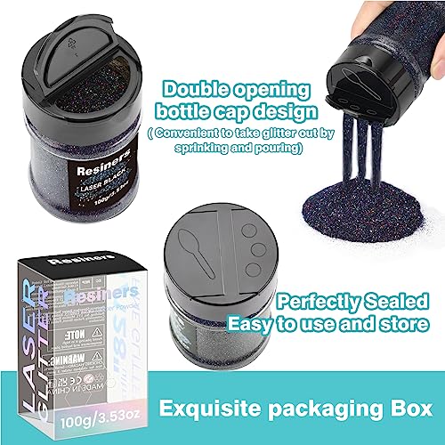 Resiners Holographic Ultra Fine Glitter Powder - 3.53oz/100g, 1/128" Metallic Epoxy Resin Glitter Sequins Flakes for Tumblers,Slime, Nails, Paint, Art Crafts - Laser Black