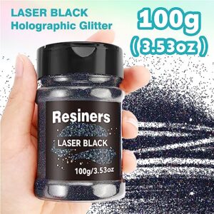 Resiners Holographic Ultra Fine Glitter Powder - 3.53oz/100g, 1/128" Metallic Epoxy Resin Glitter Sequins Flakes for Tumblers,Slime, Nails, Paint, Art Crafts - Laser Black