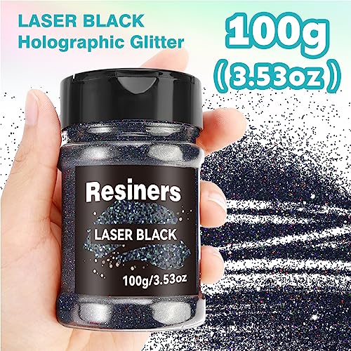 Resiners Holographic Ultra Fine Glitter Powder - 3.53oz/100g, 1/128" Metallic Epoxy Resin Glitter Sequins Flakes for Tumblers,Slime, Nails, Paint, Art Crafts - Laser Black