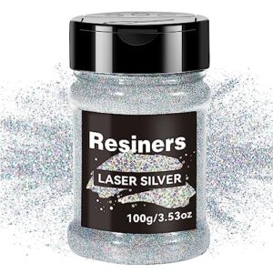 resiners holographic ultra fine glitter powder - 3.53oz/100g, 1/128" metallic epoxy resin glitter sequins flakes for tumblers,slime, nails, paint, art crafts - laser silver