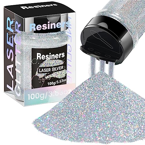 Resiners Holographic Ultra Fine Glitter Powder - 3.53oz/100g, 1/128" Metallic Epoxy Resin Glitter Sequins Flakes for Tumblers,Slime, Nails, Paint, Art Crafts - Laser Silver