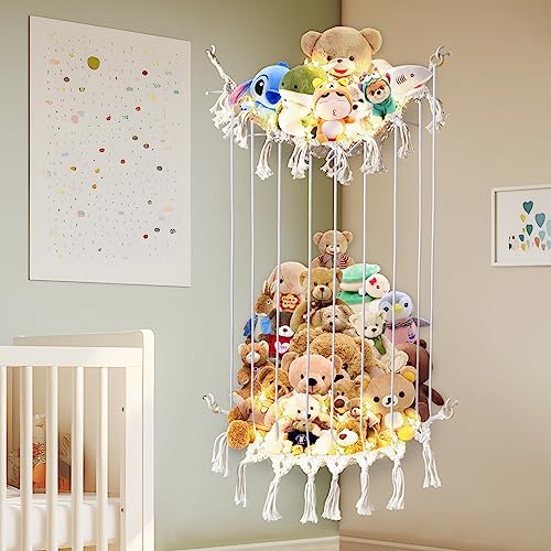 Timart Stuffed Animal Net or Hammock, Length Adjustable Stuffed Animal Storage, Corner Plush Toys Holder with Lights, Boho Mesh Decoration Hanging Toy Organizer for Kids Bedroom