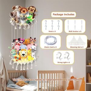 Timart Stuffed Animal Net or Hammock, Length Adjustable Stuffed Animal Storage, Corner Plush Toys Holder with Lights, Boho Mesh Decoration Hanging Toy Organizer for Kids Bedroom