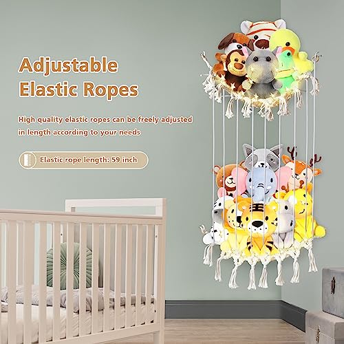 Timart Stuffed Animal Net or Hammock, Length Adjustable Stuffed Animal Storage, Corner Plush Toys Holder with Lights, Boho Mesh Decoration Hanging Toy Organizer for Kids Bedroom