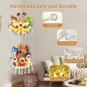 Timart Stuffed Animal Net or Hammock, Length Adjustable Stuffed Animal Storage, Corner Plush Toys Holder with Lights, Boho Mesh Decoration Hanging Toy Organizer for Kids Bedroom