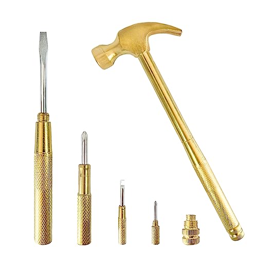 Metal Hammer & Screwdriver 6 in 1 Small Hammer, Multitool Camping Hammer Set with Slotted/Flat Head Phillips Screwdriver Hammers Hand Tools Multitool Hammer Best Gift for Sweetheart(Gold)