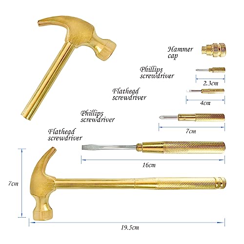 Metal Hammer & Screwdriver 6 in 1 Small Hammer, Multitool Camping Hammer Set with Slotted/Flat Head Phillips Screwdriver Hammers Hand Tools Multitool Hammer Best Gift for Sweetheart(Gold)