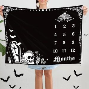 Eunikroko Gothic Baby Monthly Milestone Blanket Halloween Goth Girl and Boy Stuff Photo Prop Spooky Skull Background Blanket for Newborn Mom Gifts Moth Nursery Gift Bat Decorations 40" X 50"