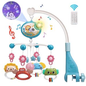 mini tudou crib mobile with music and lights,baby mobile for crib with hanging rotating rattle toy,star projection,400 lullabies and timing function,remote control baby crib mobile for boys girls