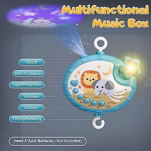 Mini Tudou Crib Mobile with Music and Lights,Baby Mobile for Crib with Hanging Rotating Rattle Toy,Star Projection,400 Lullabies and Timing Function,Remote Control Baby Crib Mobile for Boys Girls
