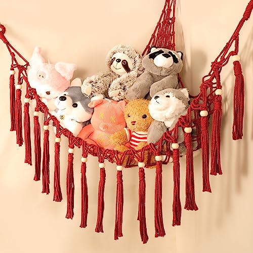 Razella Red Stuffed Animal Net or Hammock with LED Light Macrame Small Squishmallow Net Hammock for Wall Bedroom Living Boho Kids Room Decor