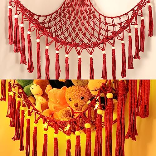 Razella Red Stuffed Animal Net or Hammock with LED Light Macrame Small Squishmallow Net Hammock for Wall Bedroom Living Boho Kids Room Decor