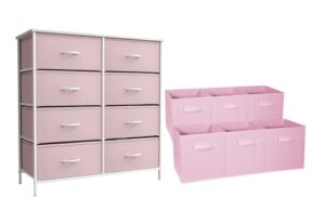 sorbus kids pink dresser with 8 drawers + 11 inch pink cube storage bins (6 pack) bundle - matching set - storage unit organizers for clothing - bedroom, kids rooms, nursery, & closet