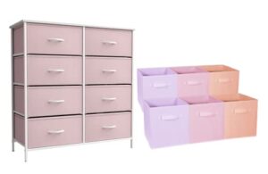 sorbus kids pink dresser with 8 drawers + 11 inch pink, purple, & orange cube storage bins (6 pack) bundle - matching set - storage unit organizers for clothing - bedroom, kids rooms, nursery, & close