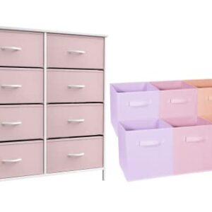 Sorbus Kids Pink Dresser with 8 Drawers + 11 Inch Pink, Purple, & Orange Cube Storage Bins (6 Pack) Bundle - Matching Set - Storage Unit Organizers for Clothing - Bedroom, Kids Rooms, Nursery, & Close