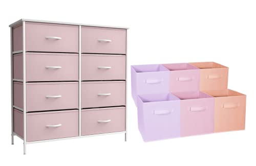 Sorbus Kids Pink Dresser with 8 Drawers + 11 Inch Pink, Purple, & Orange Cube Storage Bins (6 Pack) Bundle - Matching Set - Storage Unit Organizers for Clothing - Bedroom, Kids Rooms, Nursery, & Close