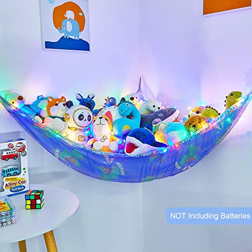 FIOBEE Stuffed Animals Hammock Toy Storage Organizer With LED Light Stuffed Animals Storage Net Dinosaur Boys Room Decor Wall Storage for Kids Bedroom with Remote Control