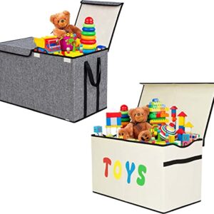 YOLOXO 2 Pack Large Kids Toy Box Chest Storage Organizer with Flip-Top Lid Dark Grey+Beige