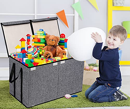 YOLOXO 2 Pack Large Kids Toy Box Chest Storage Organizer with Flip-Top Lid Dark Grey+Beige