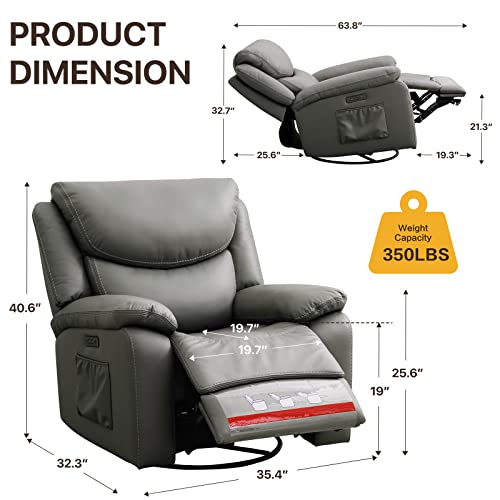 Luffield Large Electronic Power Recliner Chair， 270 Degree Swivel Recliners Comfy Glider Rocking Chairs with USB & Type-C Ports，Soft Fabric Sofa Chair for Living Room