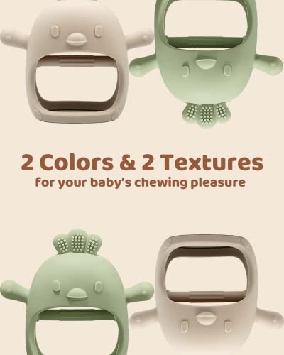 2 Packs Baby Teething Toy Silicone Teething Mitten for Babies Over 3 Months Anti Dropping Wrist Hand Teethers Baby Chew Toys for Sucking Needs, BPA Free (Green & Caramel)