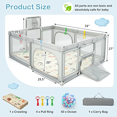 INFANS Baby Playpen, 74” x 62” Extra Large Baby Play Yard with Crawling Mat, 50 Ocean Balls, 4 Pill Up Rings, Basketball Hoop and 2 Football Gates for Toddlers, Indoor Activity Center (Light Gray)