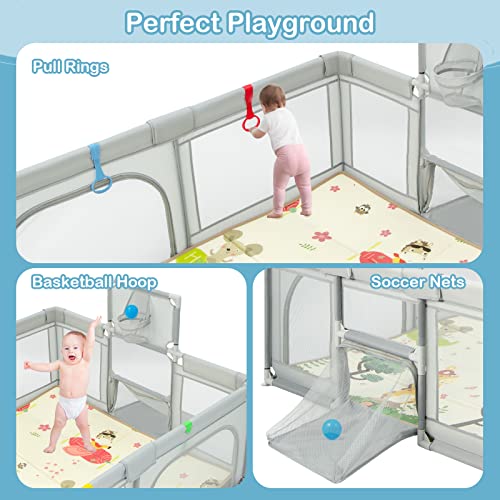 INFANS Baby Playpen, 74” x 62” Extra Large Baby Play Yard with Crawling Mat, 50 Ocean Balls, 4 Pill Up Rings, Basketball Hoop and 2 Football Gates for Toddlers, Indoor Activity Center (Light Gray)