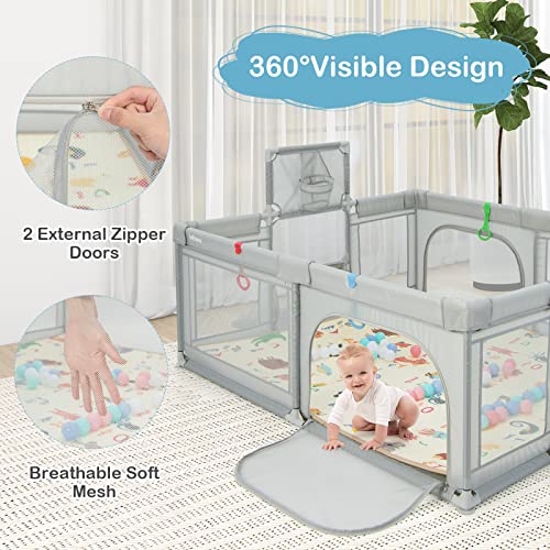 INFANS Baby Playpen, 74” x 62” Extra Large Baby Play Yard with Crawling Mat, 50 Ocean Balls, 4 Pill Up Rings, Basketball Hoop and 2 Football Gates for Toddlers, Indoor Activity Center (Light Gray)