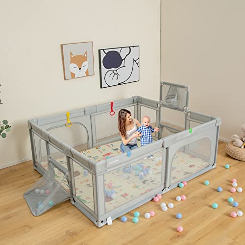 INFANS Baby Playpen, 74” x 62” Extra Large Baby Play Yard with Crawling Mat, 50 Ocean Balls, 4 Pill Up Rings, Basketball Hoop and 2 Football Gates for Toddlers, Indoor Activity Center (Light Gray)