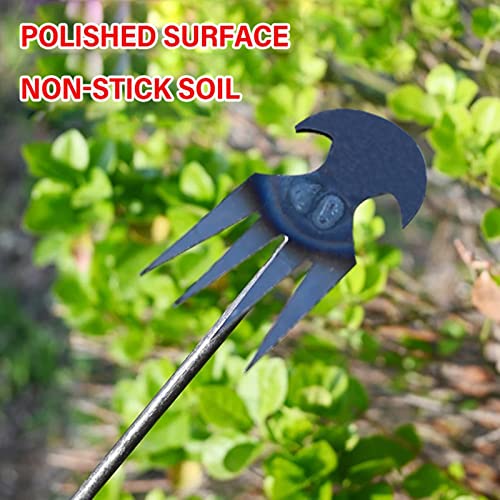 Weeding Artifact Uprooting Weeding Tool, Manganese Steel Multifunctional Weeder, Hand Weeder Tool, 4 Teeth Stand Up Weed Puller Tool with Handle for Garden Yard Farm Weed Removal (11in, Wood Handle)