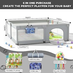 Baby Playpen with Mat 79" X 71", Extra Large Play Yard for Babies and Toddlers, Indoor/Outdoor Playpen, Sturdy Design with Gates, Play Pin, Baby Play Area with Ocean Balls