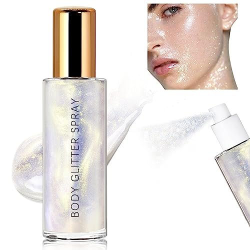 HOSAILY Body Glitter Spray, Moisturizing Bronze Body Shimmer Luminizer Glow Illuminator Quick-Drying and Non-Sticky Glitter Spray Liquid Highlighter Spray for Face Hair Body Glitter, 60ML -Silver