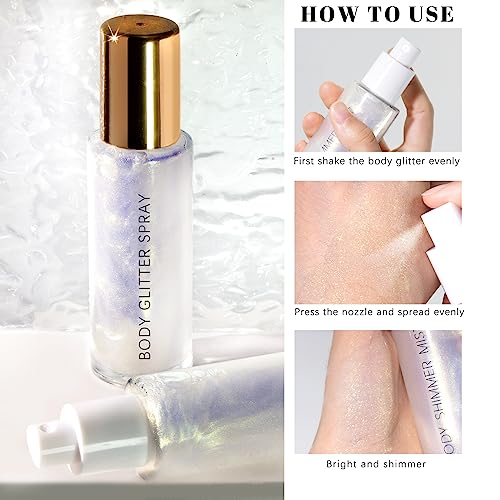 HOSAILY Body Glitter Spray, Moisturizing Bronze Body Shimmer Luminizer Glow Illuminator Quick-Drying and Non-Sticky Glitter Spray Liquid Highlighter Spray for Face Hair Body Glitter, 60ML -Silver