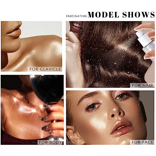 HOSAILY Body Glitter Spray, Moisturizing Bronze Body Shimmer Luminizer Glow Illuminator Quick-Drying and Non-Sticky Glitter Spray Liquid Highlighter Spray for Face Hair Body Glitter, 60ML -Silver