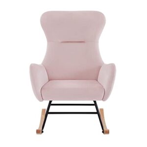 Modern Accent Rocking Chair, Tufted Upholstered Rocking Chair for Nursery,Comfy Wingback Glider Rocker with Safe Solid Wood Base Arm Chair W/2 Side Pockets, for Living Room Bedroom Balcony (Pink)