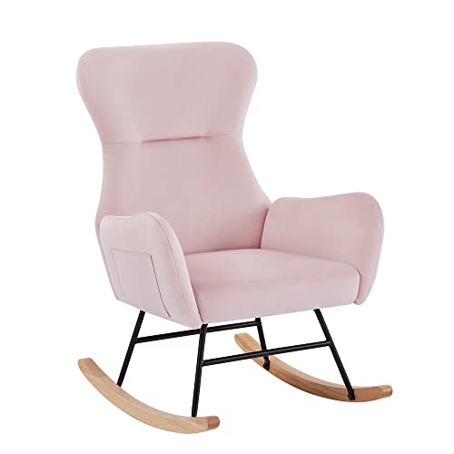 Modern Accent Rocking Chair, Tufted Upholstered Rocking Chair for Nursery,Comfy Wingback Glider Rocker with Safe Solid Wood Base Arm Chair W/2 Side Pockets, for Living Room Bedroom Balcony (Pink)