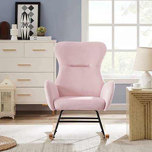 Modern Accent Rocking Chair, Tufted Upholstered Rocking Chair for Nursery,Comfy Wingback Glider Rocker with Safe Solid Wood Base Arm Chair W/2 Side Pockets, for Living Room Bedroom Balcony (Pink)